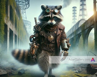 Raccoon Warrior: Steam Punk Art wall hanging |  Office Decor| Raccoon Art | Futuristic Art