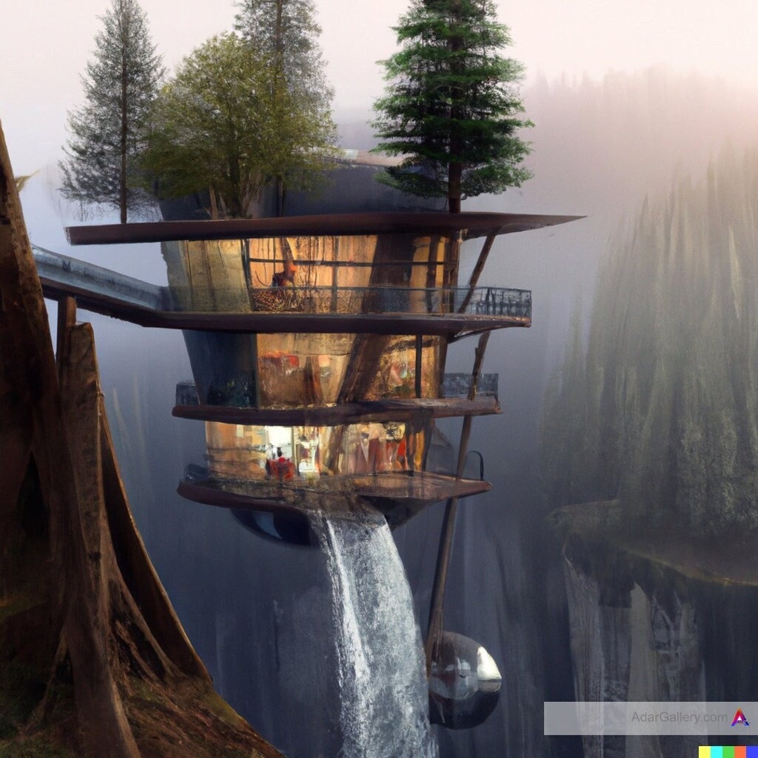 Magic Waterfall Futuristic Living House in the Trees Frank Lloyd