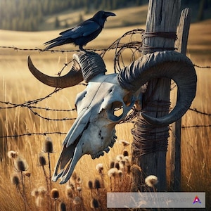 May include: A black raven perched on a weathered wooden post with a large animal skull attached. The skull has horns and is decorated with barbed wire. The background is a field of dry grass.