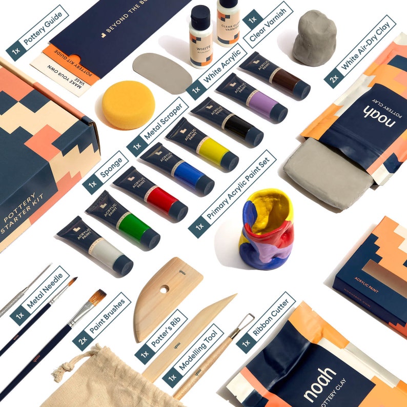 May include: A pottery starter kit with a variety of tools and supplies, including clay, paint, brushes, a sponge, a metal scraper, a potter's rib, a modeling tool, a ribbon cutter, and a metal needle. The kit also includes a guide to pottery.