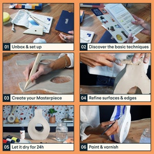 May include: A six-step guide to creating a ceramic vase. The steps include unboxing and setting up, discovering basic techniques, creating a masterpiece, refining surfaces and edges, letting it dry for 24 hours, and painting and varnishing.