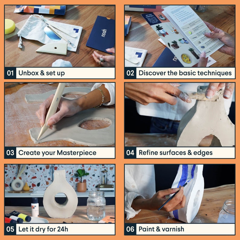 May include: A six-step guide to creating a ceramic vase. The steps include unboxing and setting up, discovering basic techniques, creating a masterpiece, refining surfaces and edges, letting it dry for 24 hours, and painting and varnishing.