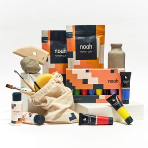 noah Pottery Starter Kit | White Clay, Pottery Tools, Acrylic Paints, Brushes | Perfect Gift Idea | Craft Kit