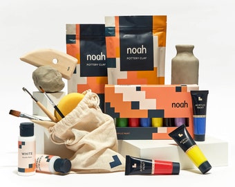 Noah Pottery Starter Kit | Weißer Ton, Töpferwerkzeuge, Acrylfarben, Pinsel | Perfekte Geschenkidee | Bastelset