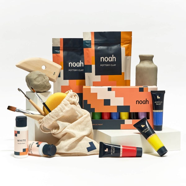 noah Keramik-Starterset | Weißer Ton, Keramik Werkzeuge, Acrylfarben, Pinsel | Perfekte Geschenkidee | Bastelpackung