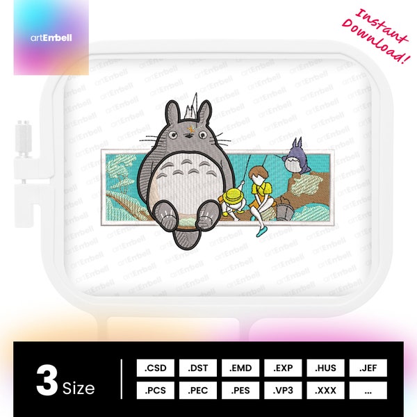 Totoro - Anime embroidery design for machines - inspired by 'My Neighbor Totoro', Oh-Totoro (Miminzuku), Chuu-Totoro (Zuku), Mei and Satsuki