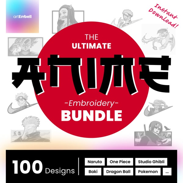 100 Anime Stickdesigns für Maschinen, (Bundle/Paket), inspiriert von Naruto, One Piece, Chainsaw Man, Demon Slayer, Jujutsu Kaisen