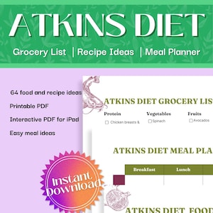 Atkins Diet Planner | Atkins Food Ideas List | Atkins Food Plan | Atkins Recipe Meal Plan | Atkins Grocery List | Printable & Interactive