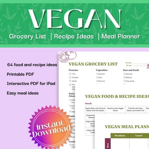Lista de alimentos veganos / Lista de compras veganas / Planificador de alimentos para dietas veganas / Ideas de comidas veganas / Planes de recetas veganas / Imprimibles e interactivos
