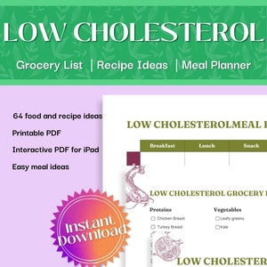 Low Cholesterol Foods Ideas| Low Cholesterol Meal Planner | Low Cholesterol Grocery List | Low Cholesterol Diet Recipe | Printable Checklist