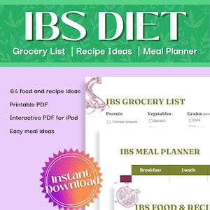 IBS Friendly Food List | IBS Grocery List | IBS Diet Guide | Ibs Food Planner | IbS Meal Planner | Printable & Interactive pdf