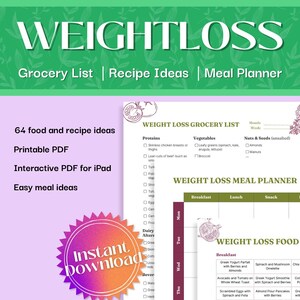 Weight Loss Meal Planner | Weightloss Grocery List | Weight Loss Food Plan  | Weightloss Recipe Plan | Printable & Interactive Templates
