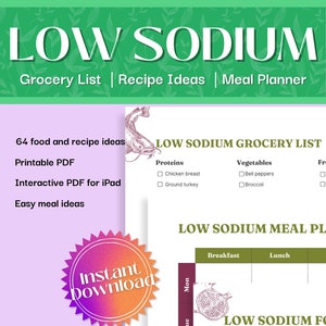 Natriumarme Diät-Plan | Ideen für kocharme Lebensmittel | Natriumarme Einkaufsliste | Natriumarme Diät-Planer | Low Sodium Rezepte Checkliste Printable