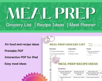 Planificador de comidas / Ideas de recetas y lista de compras (PDF imprimible e interactivo)