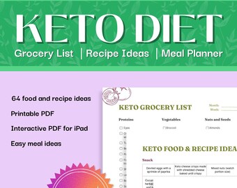 Planejador de Dieta Cetogênica | Lista de Compras, Plano de Refeições, Receitas (PDF Imprimível e Interativo)