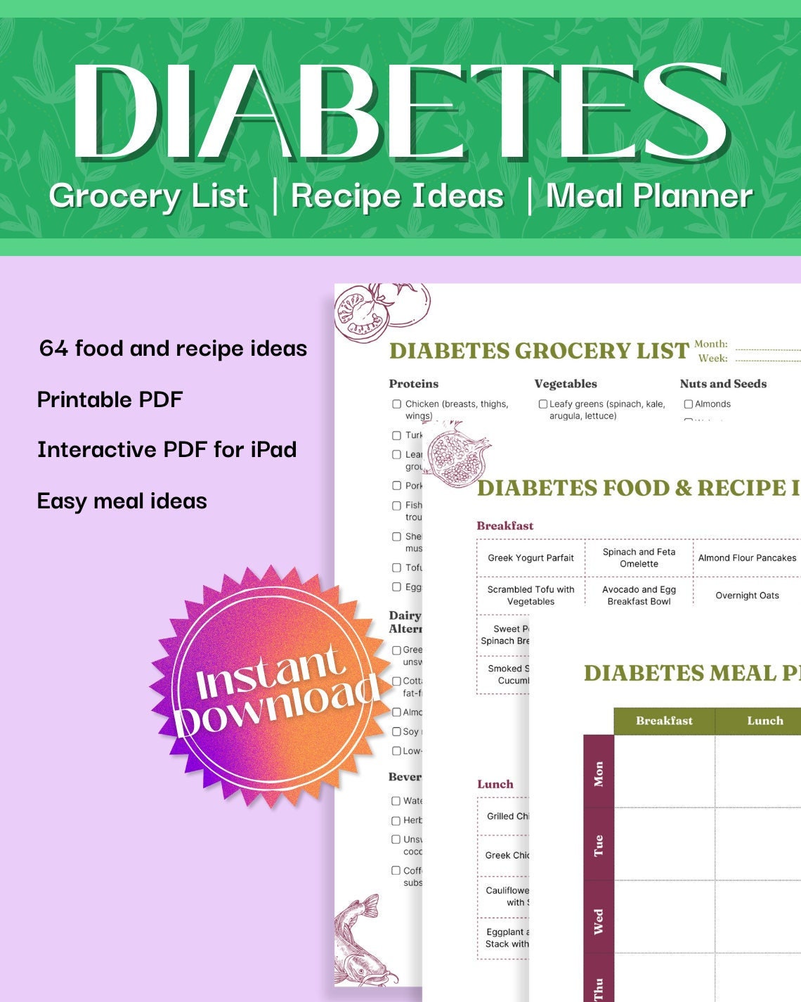 Diabetes Grocery List Diabetes Food Plan Diabetes Food Etsy