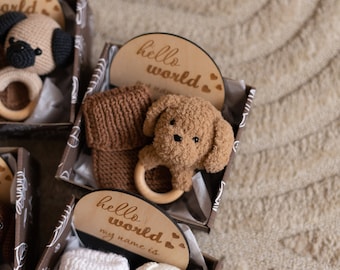 Goldendoodle puppy new baby Christmas gift basket. Expecting mom gift. Pregnancy baby shower gift.