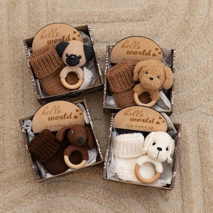 Puppy new baby gift basket. Pug, Golden Retriever, Goldendoodle, Dachshund toy. Expecting mom gift. Pregnancy baby shower gift.