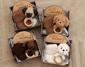 Puppy new baby gift basket. Pug, Golden Retriever, Goldendoodle, Dachshund toy. Expecting mom gift. Pregnancy baby shower gift.