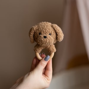 May include: A brown crocheted dog toy with a wooden ring. The toy is held in a hand with gray nail polish.