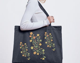 Stanley/Stella Recycled Shopping Bag, Large Organic Cotton Bag, Big Tote Bag, Black, Grey, Floral Pattern, Oversize Tote Bag