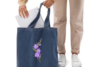 Organic jeans bag, 100 cotton, tote bag denim, small inside pocket, flowers pattern