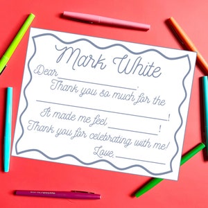 Kinder personalisierte Dankeskarte Füllen Sie die Lücke aus Danke druckbare Notiz Geburtstagsfeier Ausfüllen der Dankeskarte Benutzerdefinierte Kinderschreiben gewellt