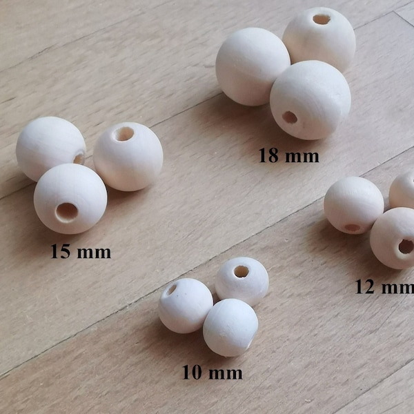 Perles bois par lot 50, taille au choix : Ø 10 mm / 12 mm / 15 mm / 18 mm