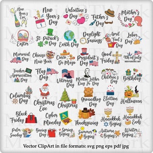 Yearly USA Holiday And Celebration Bundle Svg Stickers Png Collection Prints Pdf Cut Files Eps Wall Art Holiday Set of 40 Digital Clipart