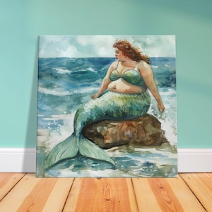 Impresión en lienzo / Positividad corporal, sirena con curvas, acuarela, decoración costera para el hogar / Arte mural único