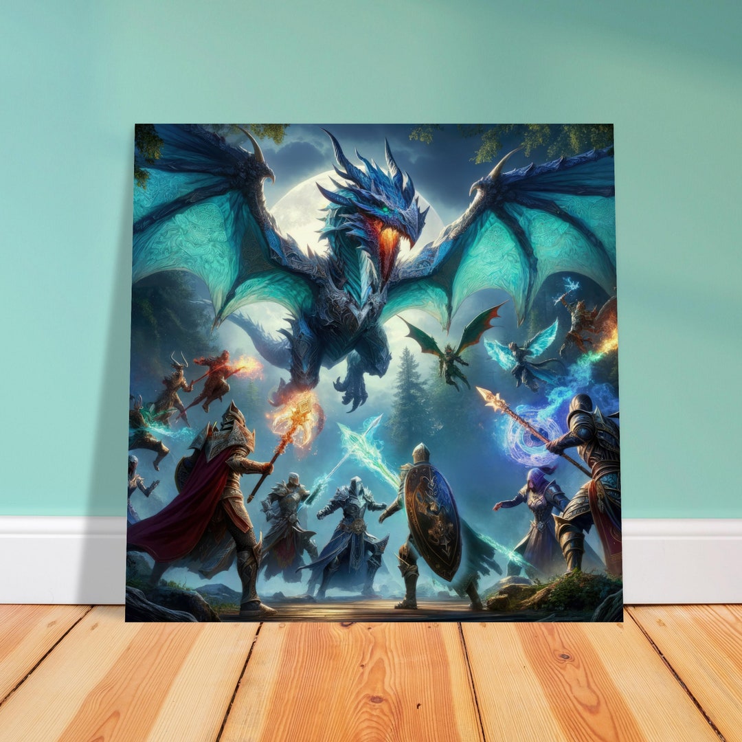 Epic Fantasy Battle CANVAS Print With Blue Dragon and Knights ...