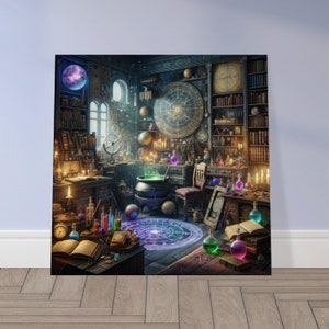 Leinwanddruck | Verzaubern Sie Ihren Raum mit dieser Zaubererbibliothek & Astronomie Labor Wandkunst