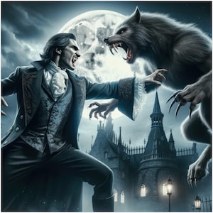 Gothic Vampire vs. Werewolf outside of a castle under a full moon Wall Art - PAPER POSTER