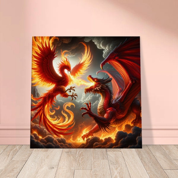 Canvas/Poster | Epic Phoenix vs Dragon Battle Art | Fantasy Fire Clash Scene | Wall Art