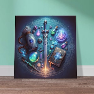 Leinwanddruck | Das Abenteurer-Werkzeugkiste. Mystisches Schwert, Zauberbuch & Elixiere. | Fantasie Wandbild