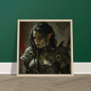 Framed Canvas Print | Female Half-Orc Warrior in Heavy Armor | DnD Portrait Fantasy Art | Epic Wall Art