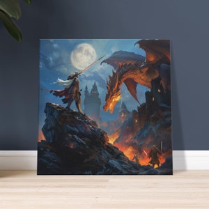Canvas Print | Medieval Knights Battling a Dragon in The Hills of a Castle | Wall Art
