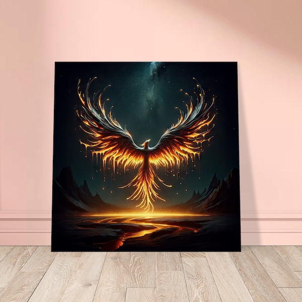 Canvas | Mythical Phoenix Rising out of a River of Lava on a Starry Night. Majestic Fire Bird Wall Art