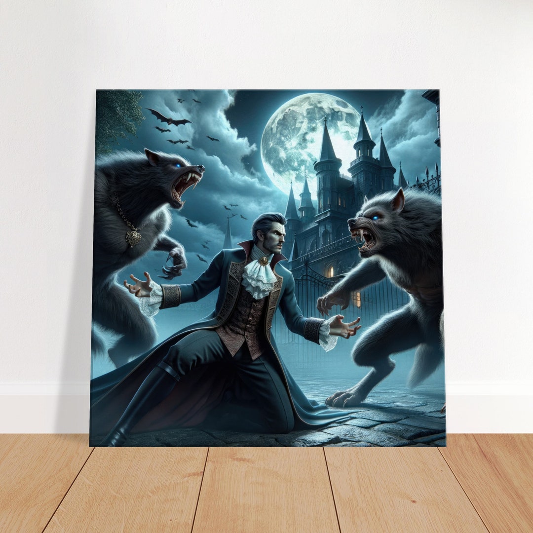 Two Werewolves Ambushing a Vampire Under a Full Moon Canvas - Etsy