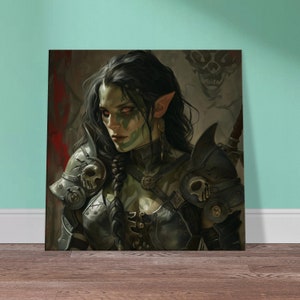 Canvas Print | Female Half-Orc Warrior in Heavy Armor | DnD Portrait Fantasy Art | Epic Wall Art
