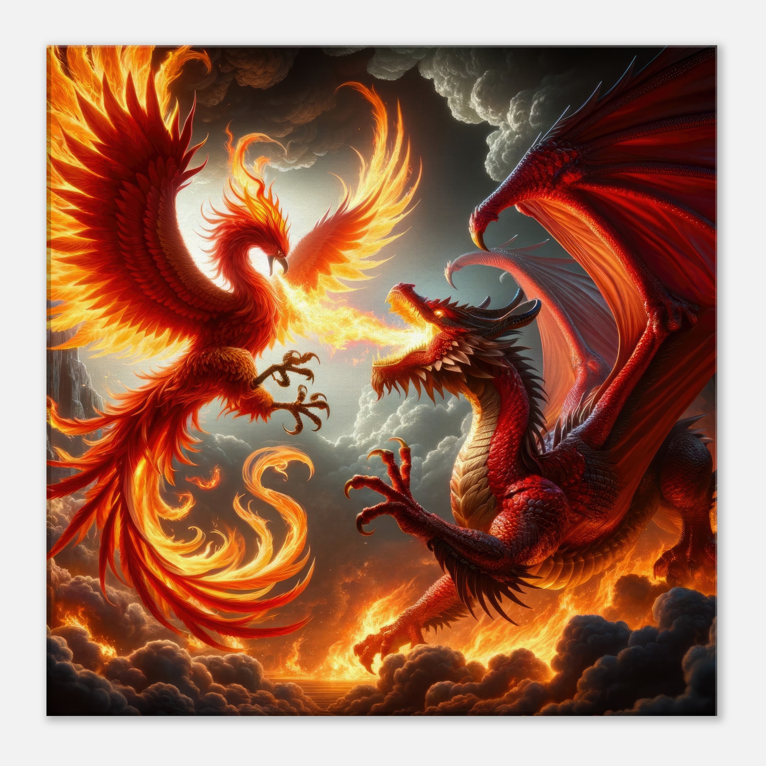CANVAS Print | Epic Phoenix Vs Dragon Battle Art | Fantasy Fire