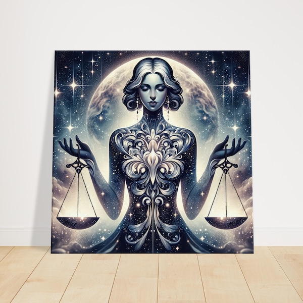 Canvas/Poster | Moonlit Libra Zodiac Art Print | Celestial Girl Holding Scales | Balance and Harmony | Wall Art