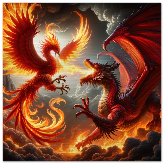 Phoenix Vs Dragon Art Print, Fantasy Fire Battle Scene (canvas