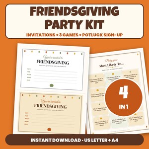 Peut inclure: Un kit de fête Friendsgiving comprenant des invitations imprimables, trois jeux et une feuille d'inscription pour un repas partagé. Les documents incluent du texte comme Friendsgiving, Most Likely To et 4 in 1, avec des icônes de feuilles et de citrouilles.