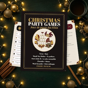 Peut inclure: Une fiche de jeux de fête de Noël noire et crème avec une illustration centrale d'une tour de champagne, d'un masque de bal masqué et d'un gramophone. Le texte indique Christmas Party Games, Jeux de party des Fêtes et liste divers jeux.