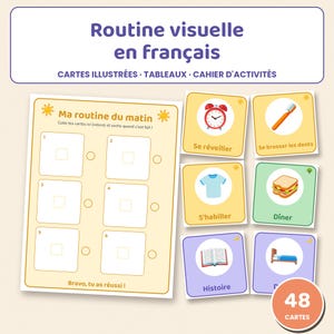 Peut inclure: Un tableau de routine visuelle avec le texte Routine visuelle en français, Cartes illustrées, Tableaux, Cahier d'activités et Ma routine du matin. Comprend six cartes carrées illustrant des tâches quotidiennes et un badge 48 cartes.