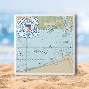 Cape May Coast Guard Coaster Nautical Chart Ceramic Drink Coaster with Cork Backing
