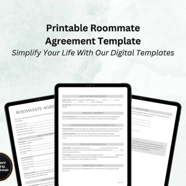 Roommate Agreement Template, Canva Contract Template, House Rules Agreement, Editable Monthly Expenses Template