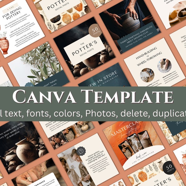 Pottery Templates, Canva Templates for Social Media Posts, Mid Century Pottery Instagram Marketing, Canva Editable Template