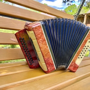 Puede incluir: Un acordeón vintage con exterior rojo y marrón, fuelle azul y detalles dorados descansa sobre un banco de madera. El instrumento tiene múltiples filas de botones negros y un panel blanco con botones adicionales.